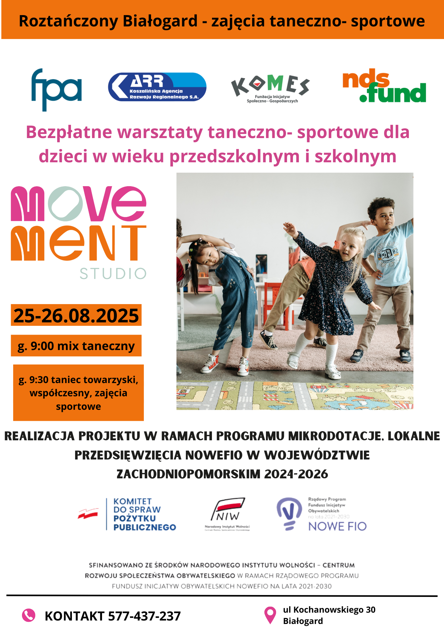 Plakat: bezpłatne warsztaty taneczno-sportowe dla dzieci