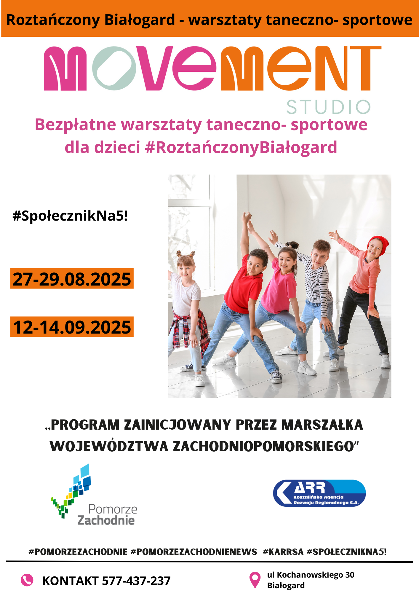 Plakat: warsztaty taneczno-sportowe w ramach programu Społecznik
